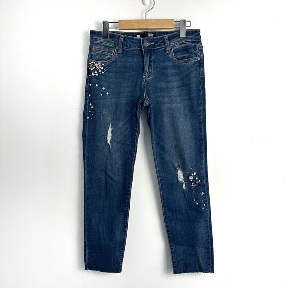 KUT From The Kloth Catherine Ankle Straight Leg Jewel Distressed Jean Size 2 - Picture 1 of 13